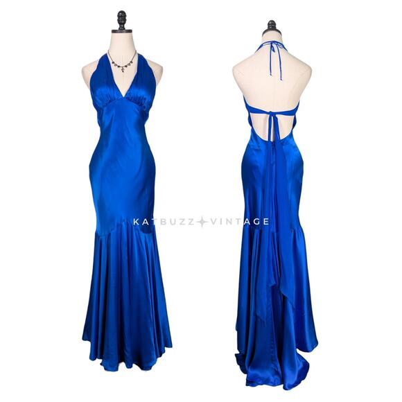 Vintage Cache Prom Dress Maxi Gown 4 Blue Y2K Silk Satin Movie Star Slip Glam